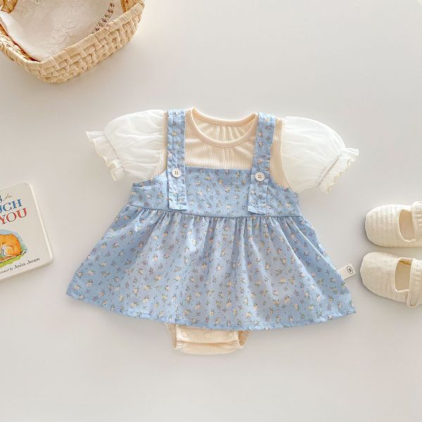公主澎袖螺紋包屁衣+碎花吊帶裙套裝 