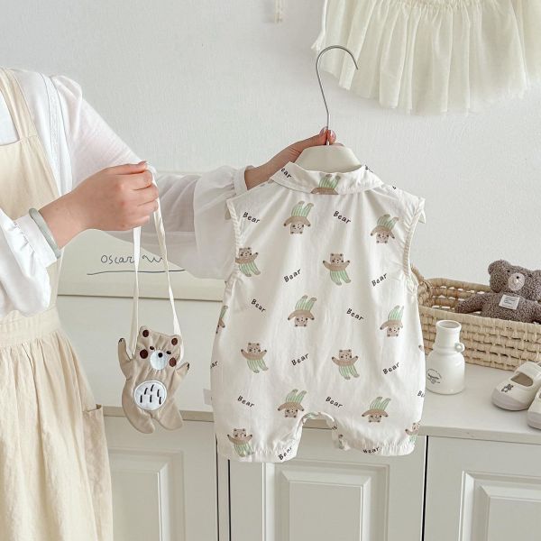 森林小熊翻領開釦連身裝(含小熊包) 