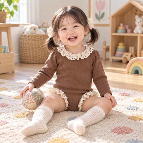 蕾絲領拼接螺紋包屁衣 