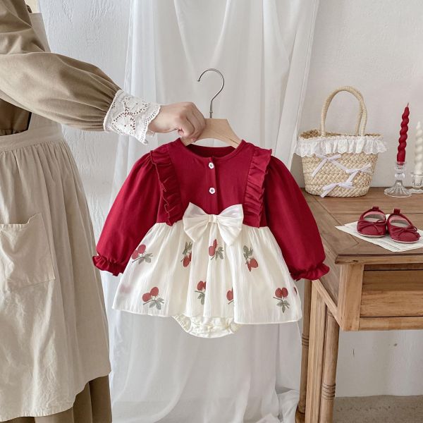 假兩件櫻桃拼接短袖/長袖包屁裙 