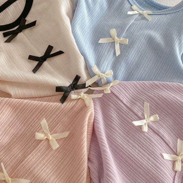 撞色蝴蝶結彈力素色上衣 