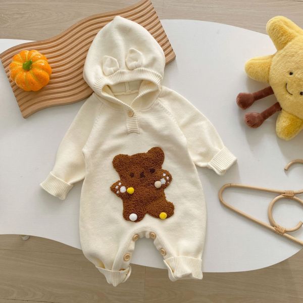 可愛動物刺繡針織連帽連身裝 