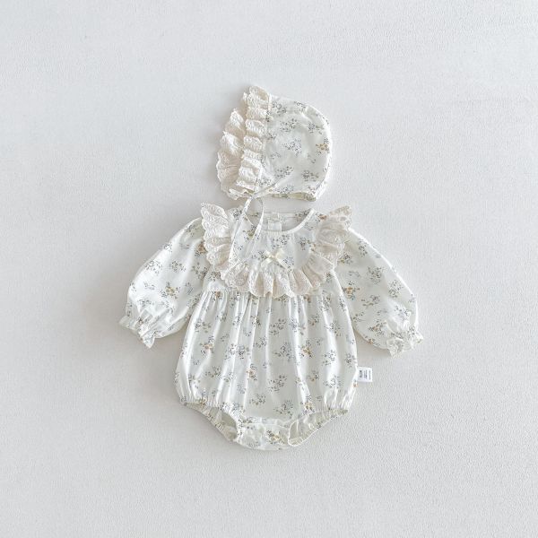 田園碎花蕾絲拼接包屁衣+帽 