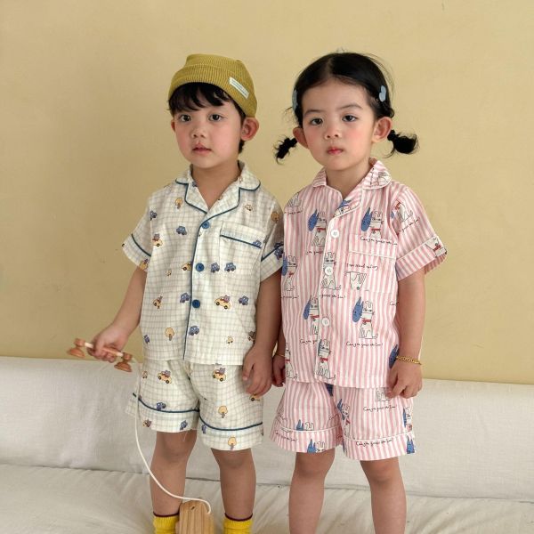 男女童可愛格紋卡通居家套裝 