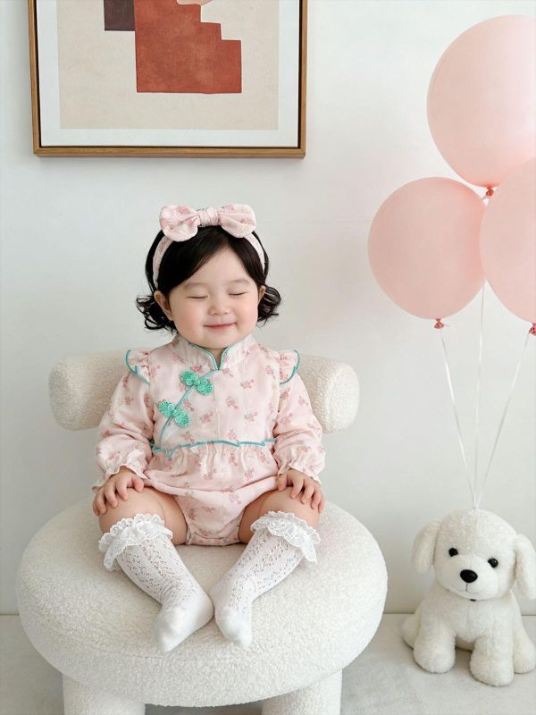 復古甜美旗袍式包屁衣+髮帶 