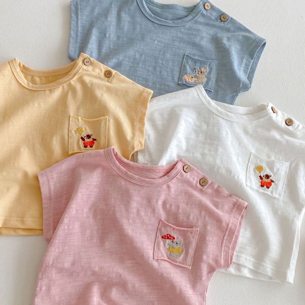 素色肩釦口袋刺繡薄上衣 