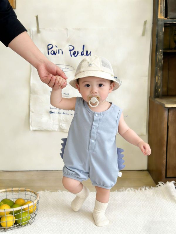 素色恐龍造型開釦棉質連身裝 