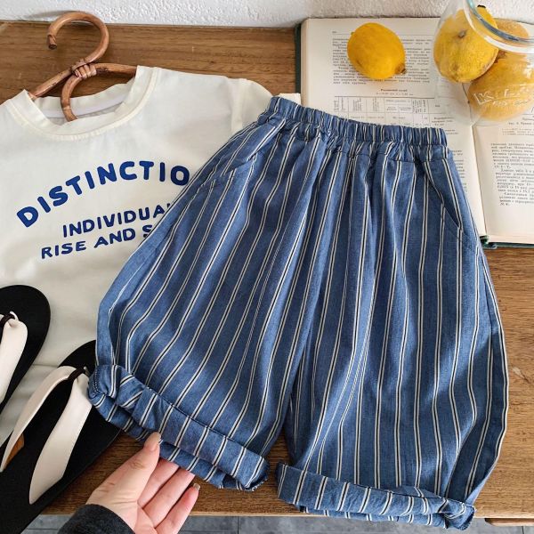 豎條紋口袋貼布薄款九分長褲 