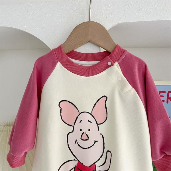 撞色拚袖粉紅小豬連身裝 