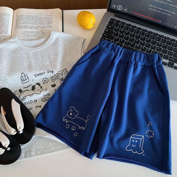 毛邊不修邊狗狗印花棉褲短褲 