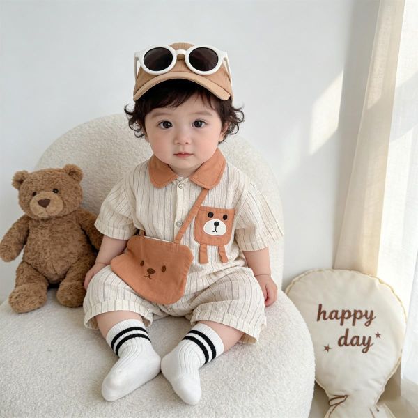 翻領小熊口袋豎條紋連身裝(含包) 