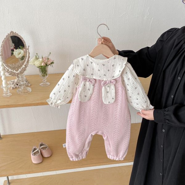 兩件式碎花兔耳上衣+愛心背帶連身裝 