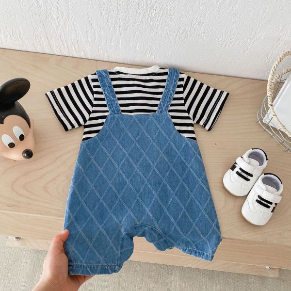 假兩件條紋牛仔米奇連身裝 