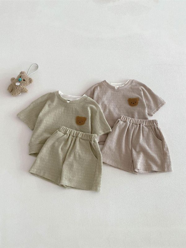 假兩件小熊華夫格上衣+短褲套裝 