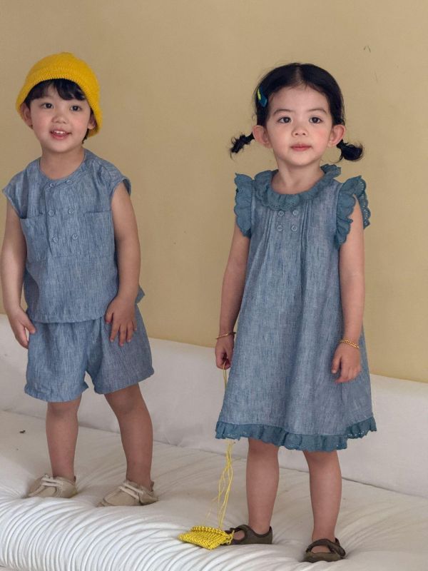 男女童刷舊水洗紋套裝/連身裙 