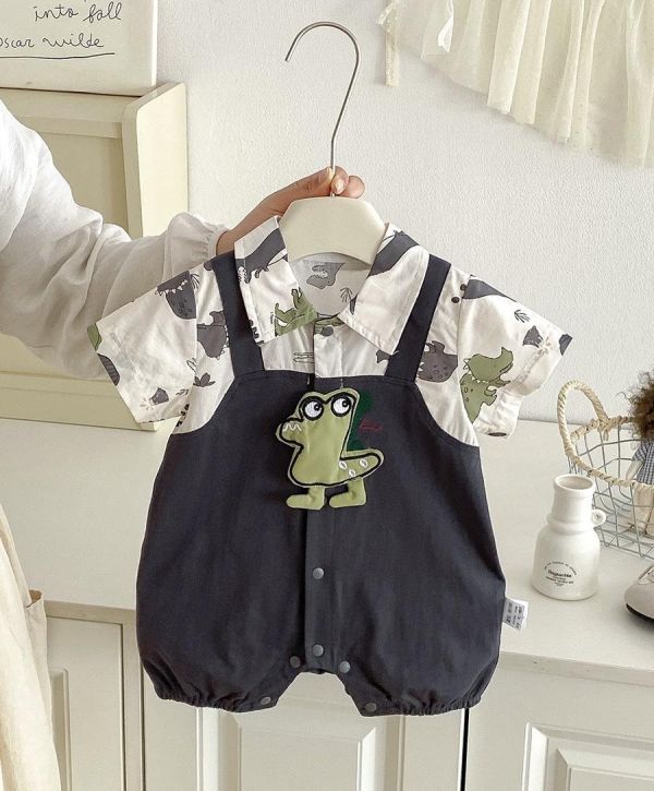 假兩件立體恐龍吊帶連身裝 