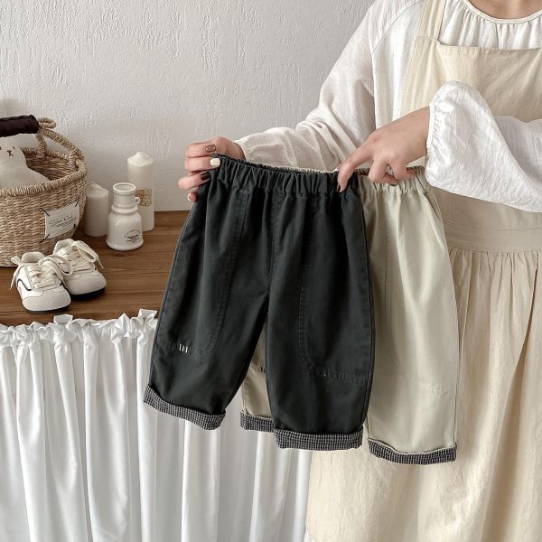 造型反摺格紋素色休閒長褲 