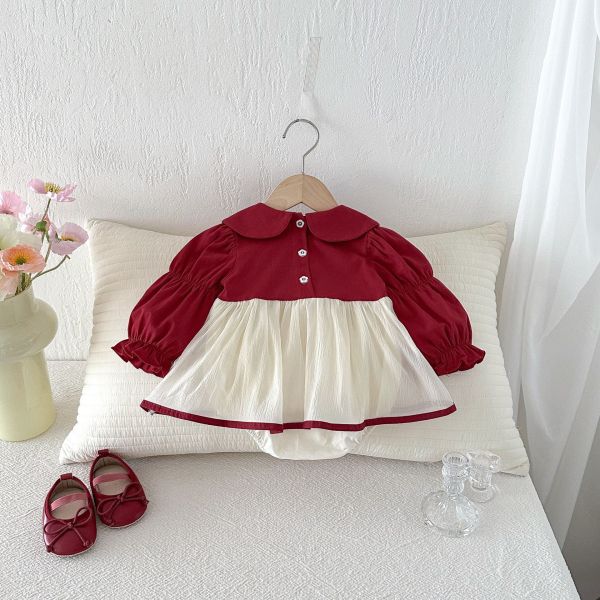 假兩件娃娃領澎袖蝴蝶結包屁裙 