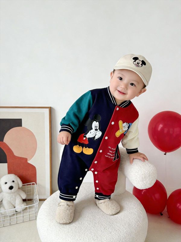 米奇唐老鴨亮眼撞色開釦連身裝 