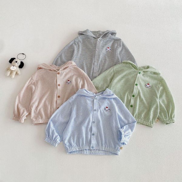 素色條紋大象布標連帽薄外套 