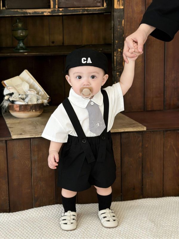 可拆式大象領帶襯衫+西裝吊帶短褲套裝 