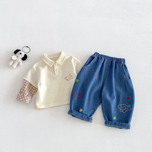 星星狗狗刺繡牛仔長褲 