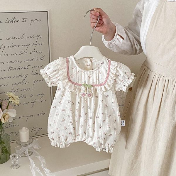 田園風櫻桃碎花方領連身裝 