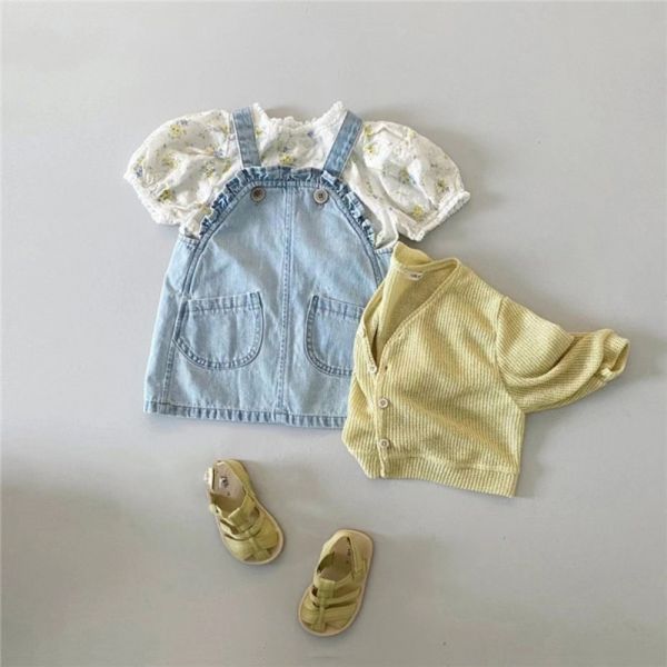 薄款花邊牛仔吊帶裙/碎花上衣 