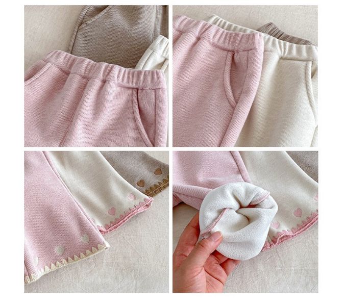 愛心刺繡撞色捲邊加厚喇叭褲 
