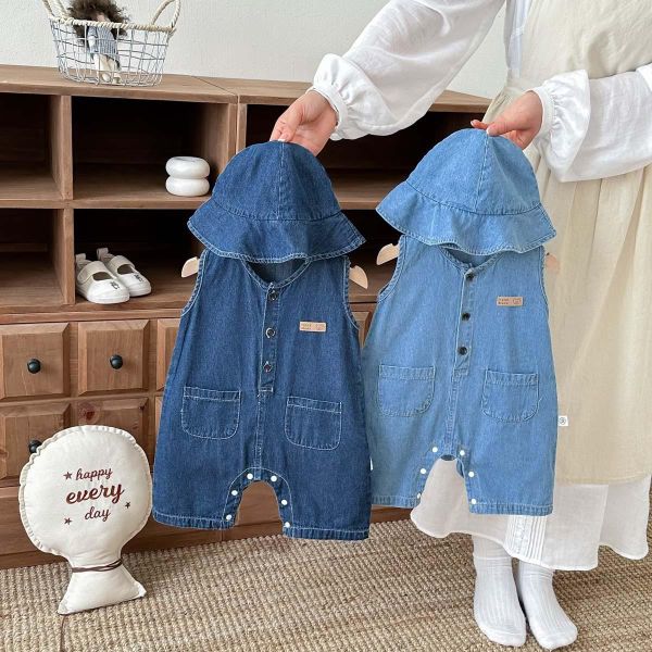 素色牛仔開釦連身裝+帽 