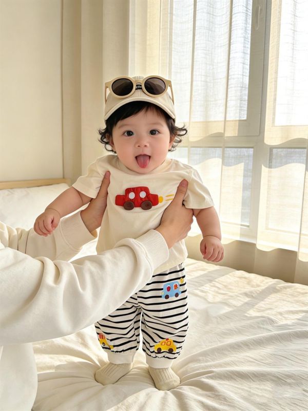 立體大象/汽車上衣+條紋長褲套裝 