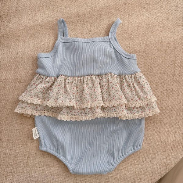 螺紋坑條鬱金香雙層蕾絲包屁衣 