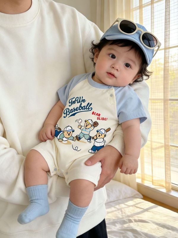 棒球小熊印花拼袖連身裝 