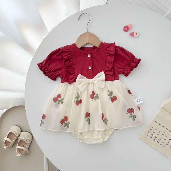 假兩件櫻桃拼接短袖/長袖包屁裙 