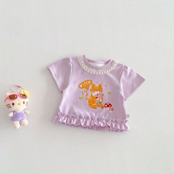 可愛印花蕾絲領口花邊上衣 