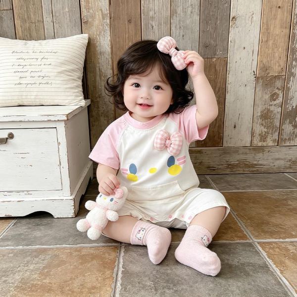 立體蝴蝶結可愛貓咪印花拼袖連身裝 