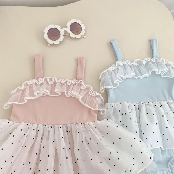 點點網紗拼接速乾玩水泳衣 