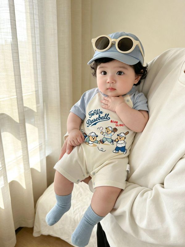 棒球小熊印花拼袖連身裝 