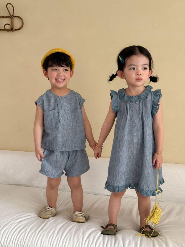 男女童刷舊水洗紋套裝/連身裙 