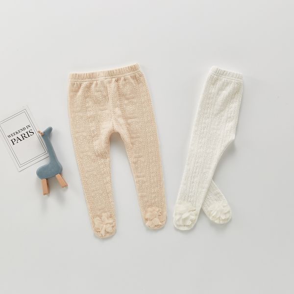 坑條螺紋素色立體小花連腳褲 