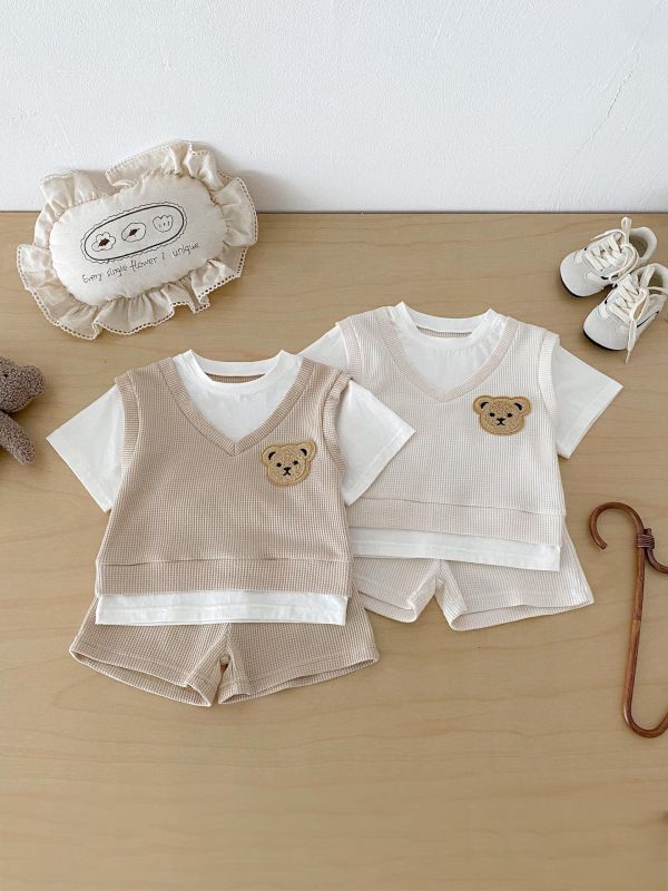 假兩件式華夫格小熊上衣+短褲套裝 