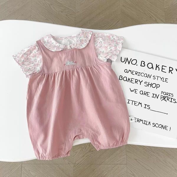 碎花兔耳上衣+粉嫩兔子連身褲套裝 