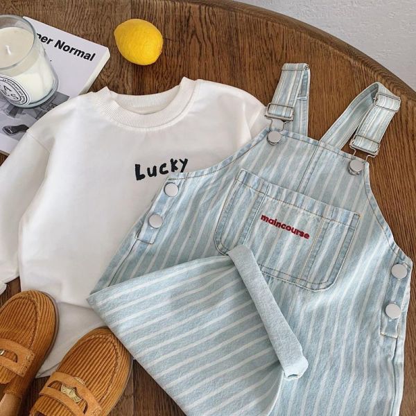 刷舊豎條紋水洗牛仔吊帶褲 