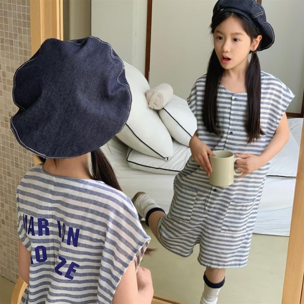 休閒慵懶條紋字母開釦連身裝(2色) 