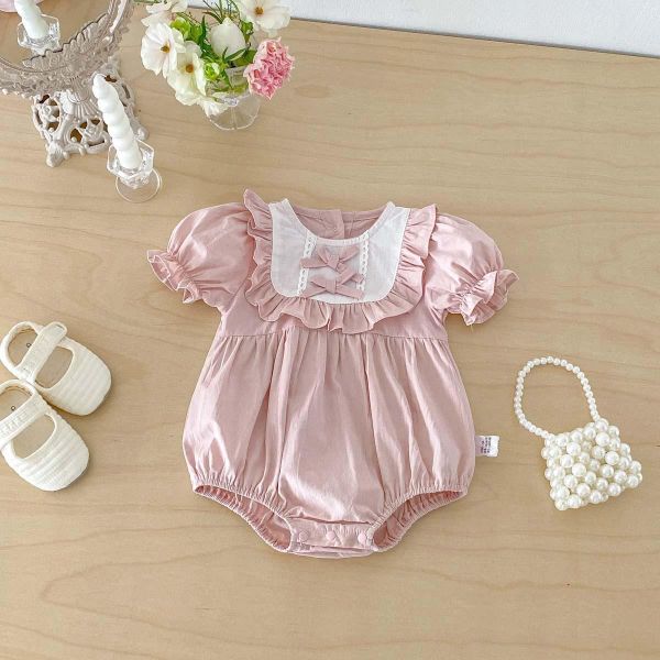 方領荷葉蝴蝶結澎袖包屁衣 