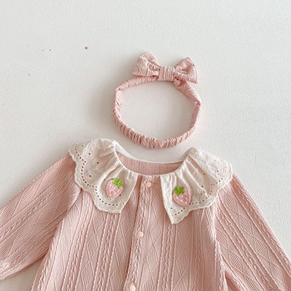 草莓翻領麻花開釦連身裝(含髮帶) 