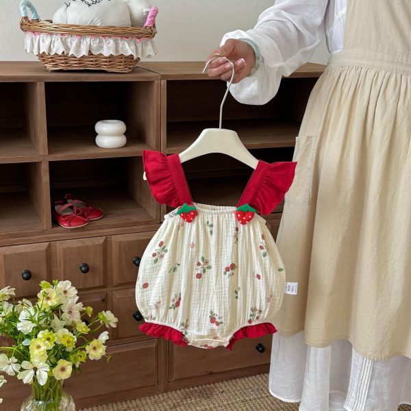 可愛草莓抓皺棉背帶包屁衣 