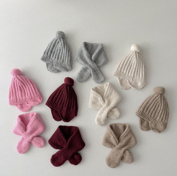 素色螺紋精靈護耳帽+圍脖 