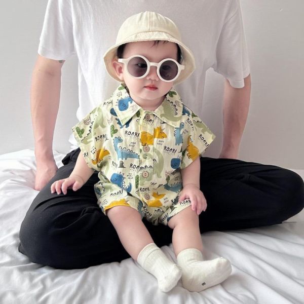 滿印恐龍翻領開釦連身裝 