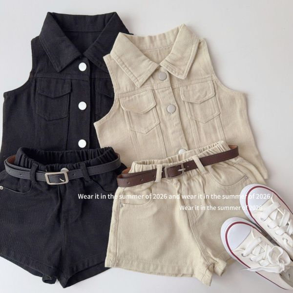 復古港風翻領背心式兩件套套裝(附皮帶) 